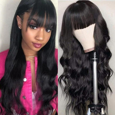 10A Full Machine Made Wig Body Wave Human Hair Wigs With Bangs - KissLove Hair